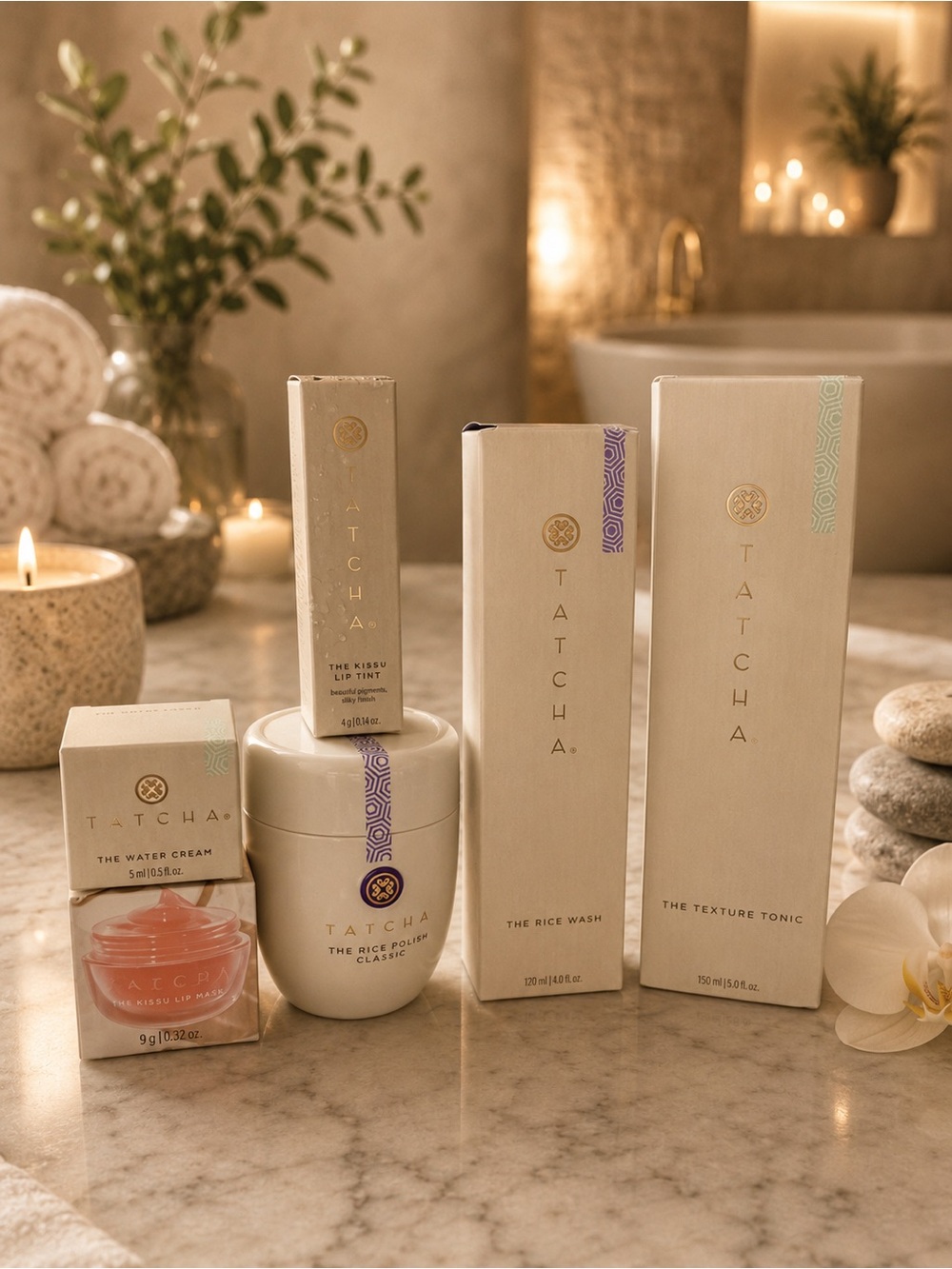 Tatcha Ivory Skincare Collection with Purple Accents